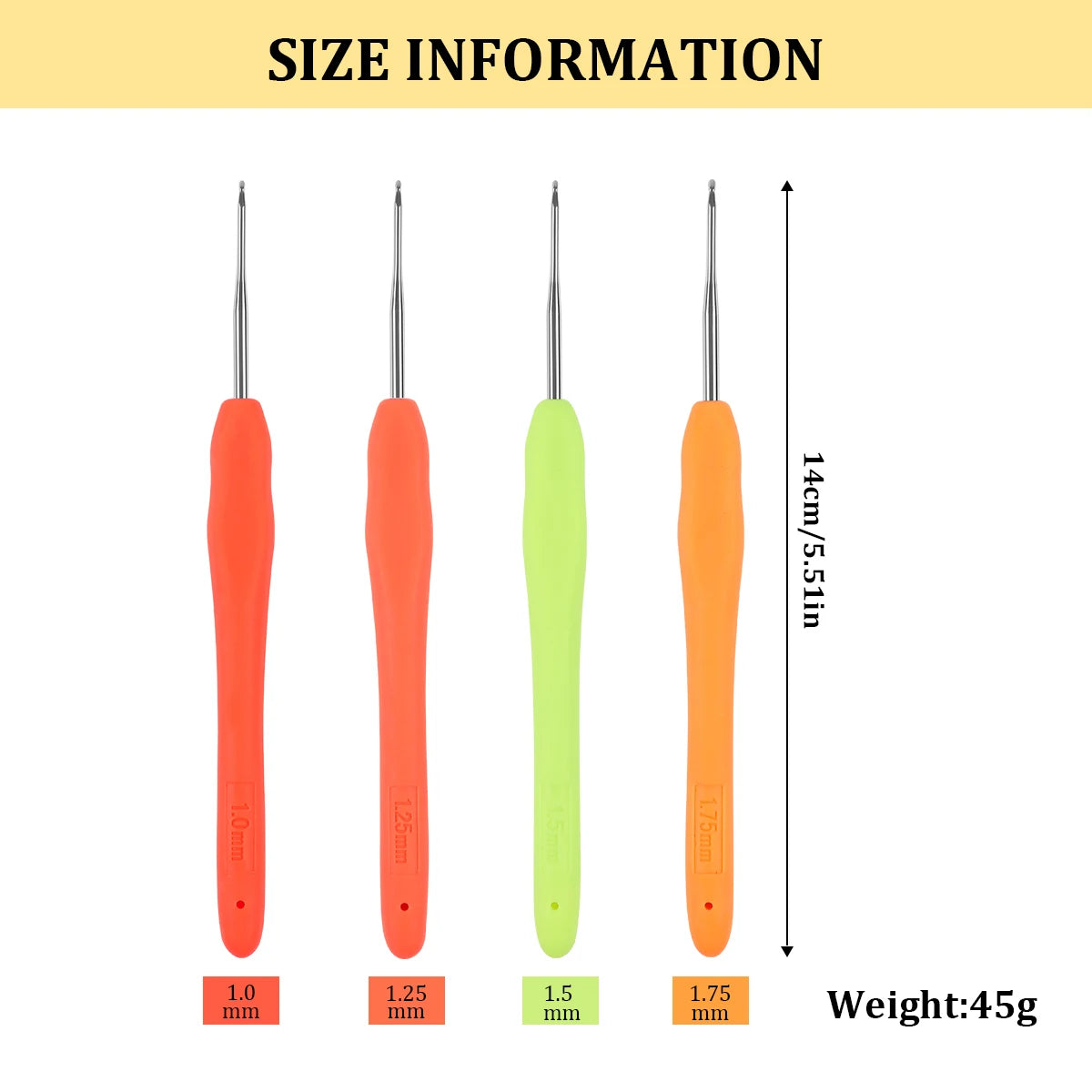 A set of four precision crochet hooks in orange, green, and yellow, showing various sizes and dimensions.