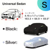 Black and silver all-weather car covers for a universal sedan, shown in side view.