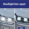 Before and after comparison showing headlight blur repair using a polymer liquid kit