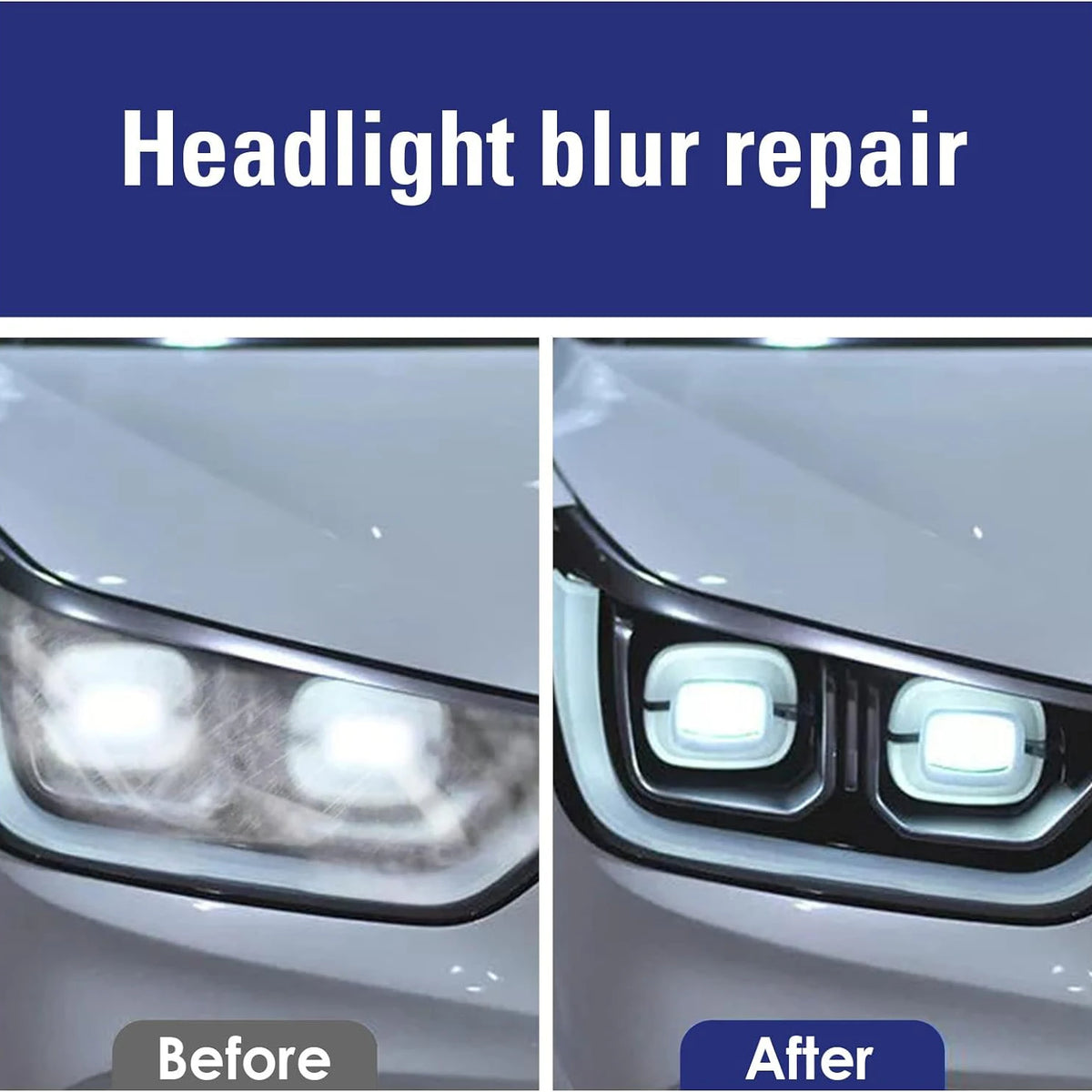 Before and after comparison showing headlight blur repair using a polymer liquid kit