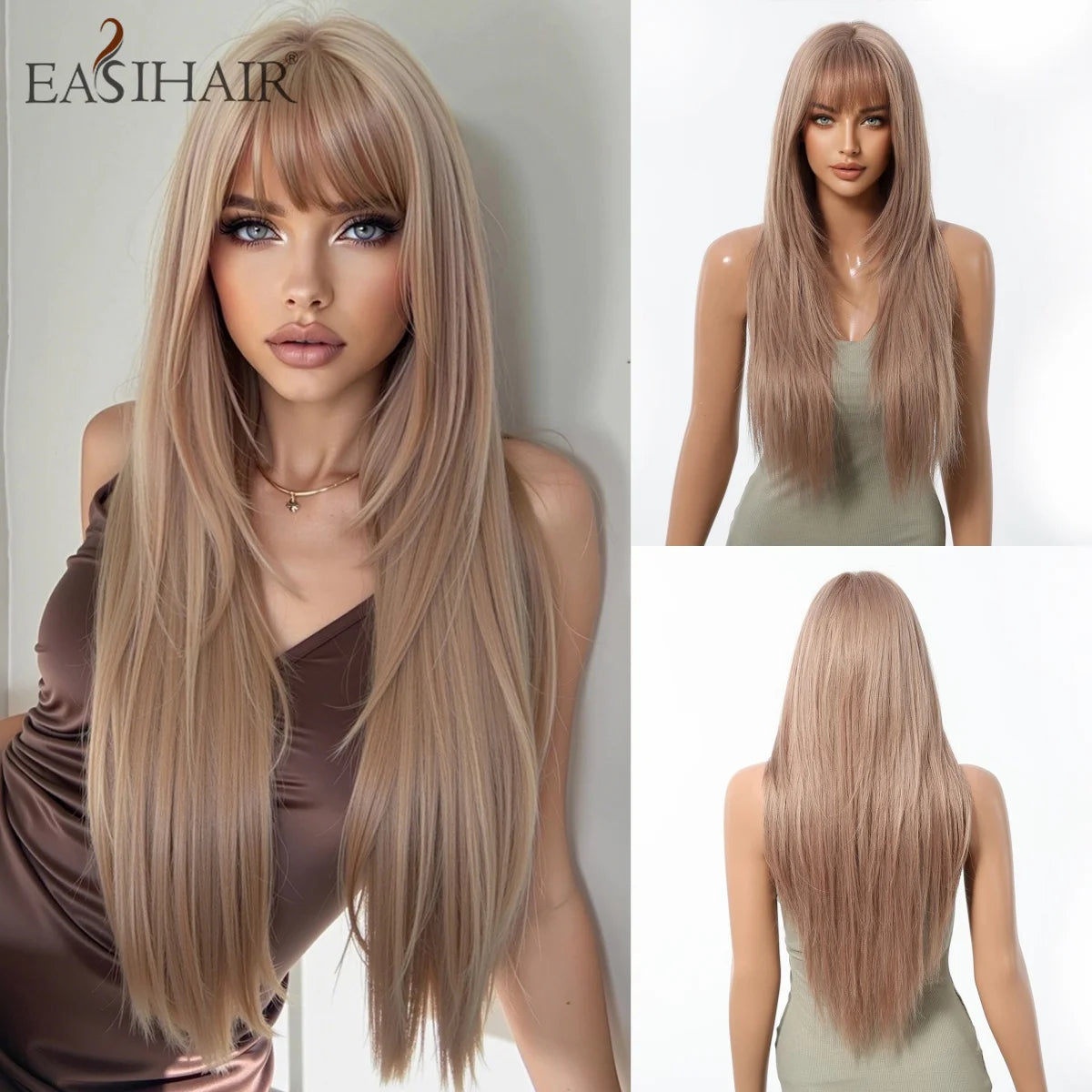 Rose Gold Layered Straight Wig with Bangs