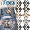 Set of 10 adjustable flower waist clips in various metallic colors for pants and jeans