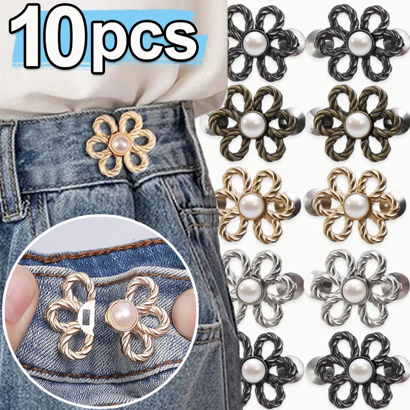 Set of 10 adjustable flower waist clips in various metallic colors for pants and jeans