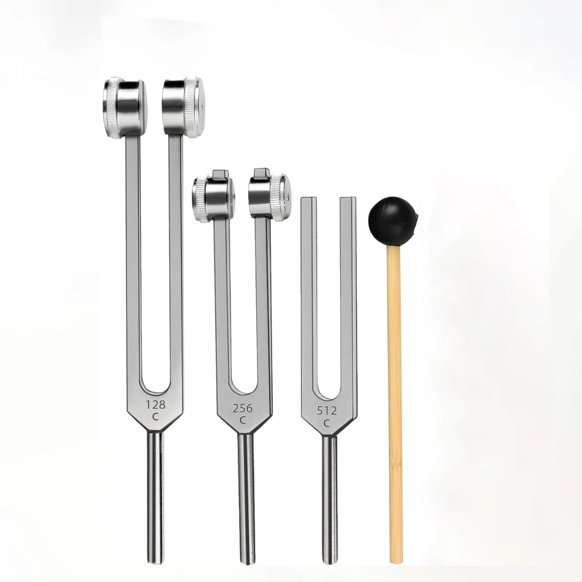 A set of three metal tuning forks with different frequencies 128Hz, 256Hz, and 512Hz displayed vertically.