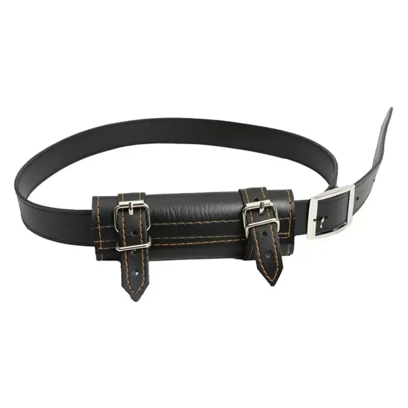 Black leather belt with a silver buckle and a black sword sheath for cosplay.