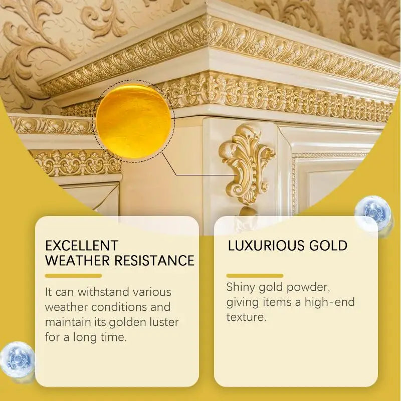 Close-up of metallic gold paint finish on decorative molding and trim, highlighting its weather resistance.