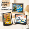 A set of framed art masterpieces featuring Van Gogh and classic paintings displayed on a wooden surface.