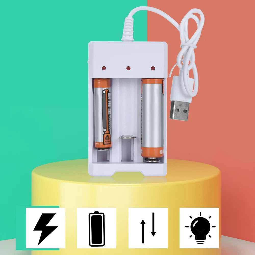A white USB fast battery charger unit with slots for AA and AAA rechargeable batteries is displayed on a yellow surface.