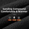 A black sanding compound product with text highlighting features like thickening, keeping warm, and being skin-friendly.