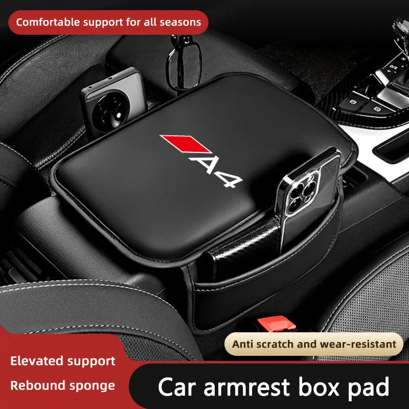 Black car armrest box pad with storage pocket and anti scratch coating for elevated support