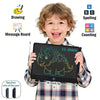 A smiling child holds a black LCD writing tablet with a stylus pen, demonstrating drawing and spelling functions.
