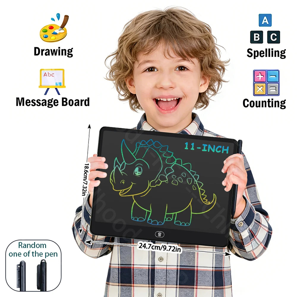 A smiling child holds a black LCD writing tablet with a stylus pen, demonstrating drawing and spelling functions.