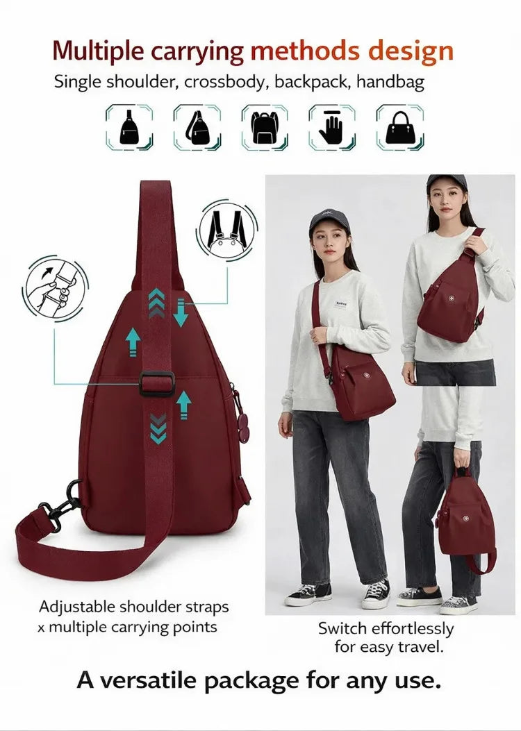 A maroon women's lightweight mini backpack shown with various carrying methods and a model wearing it.