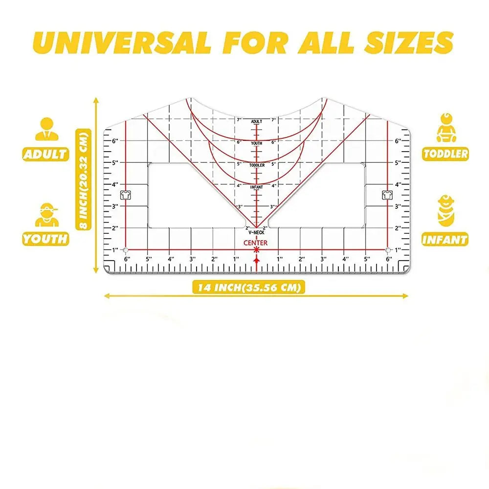 Alignment ruler showing sizing guides for adult, youth, toddler, and infant sizes on a heat press mat.