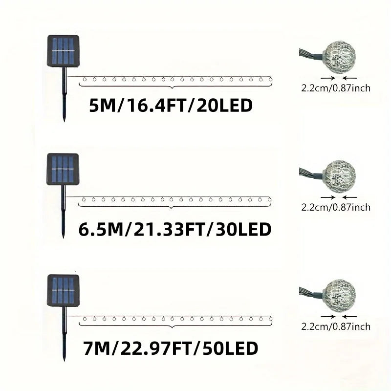 Three versions of solar Moroccan ball string lights are shown with varying LED counts and lengths.