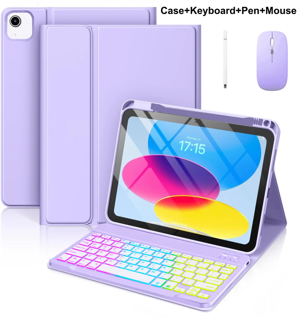 A purple multi-angle keyboard case for an iPad, shown with a keyboard, pen, and mouse.