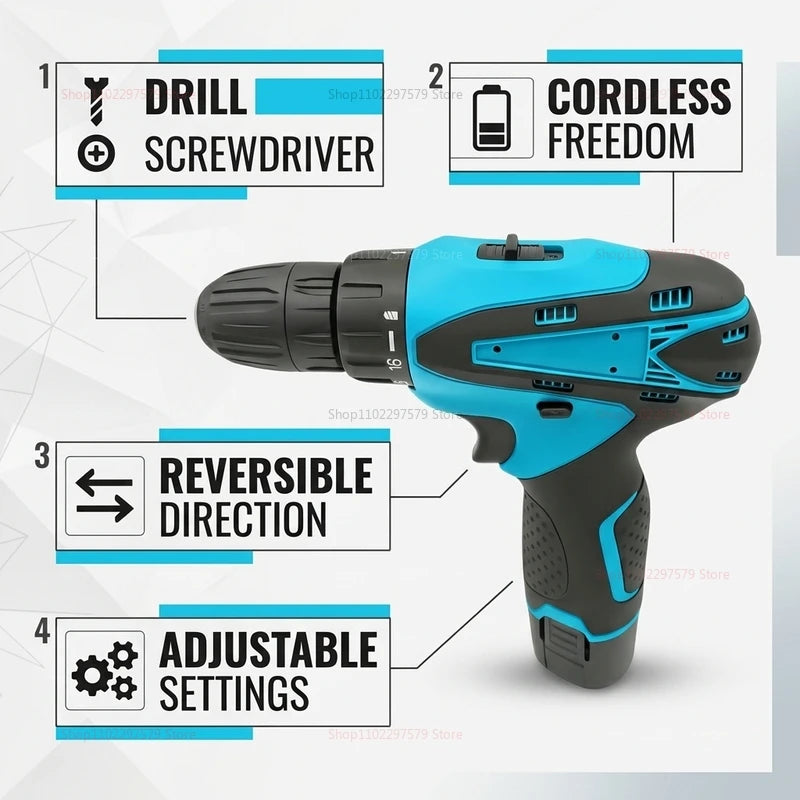 Compact 12V Cordless Electric Drill with Lithium-Ion Battery