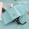 Light blue automatic compact umbrella with UV protection features shown open on a light blue surface.