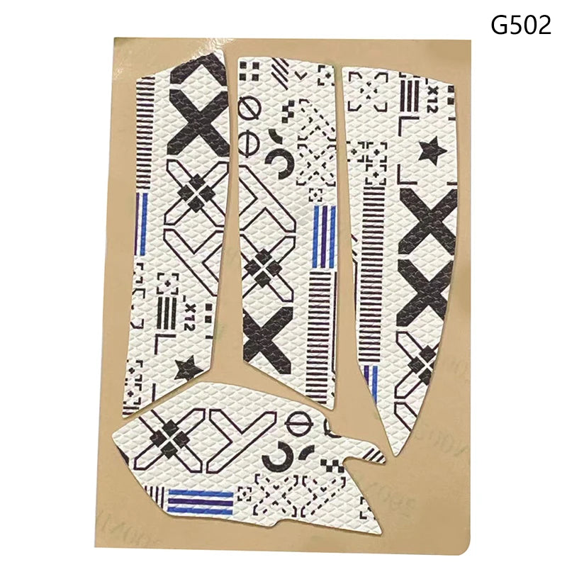 A sheet of anti-slip mouse grip tape featuring various patterns and symbols for enhanced control.