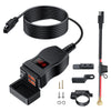 Black motorcycle USB charger with voltmeter and dual ports, including cables and connectors.