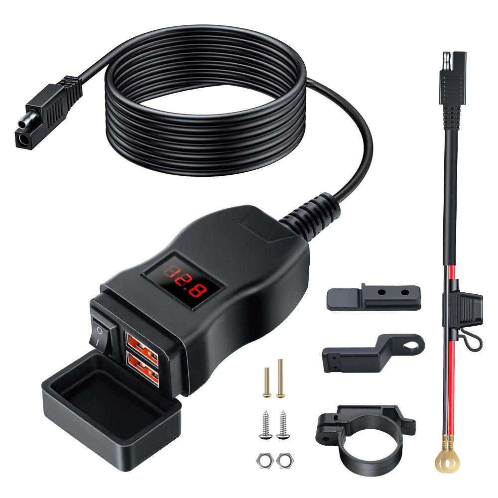 Black motorcycle USB charger with voltmeter and dual ports, including cables and connectors.