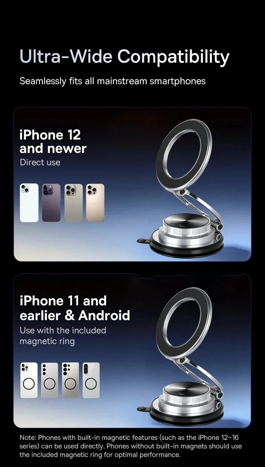 Magnetic Car Phone Holder with Vacuum Suction Mount