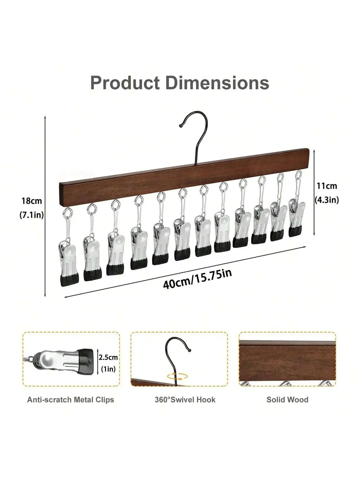 Product dimensions showing a wooden clip hanger with 12 metal clips for accessories.