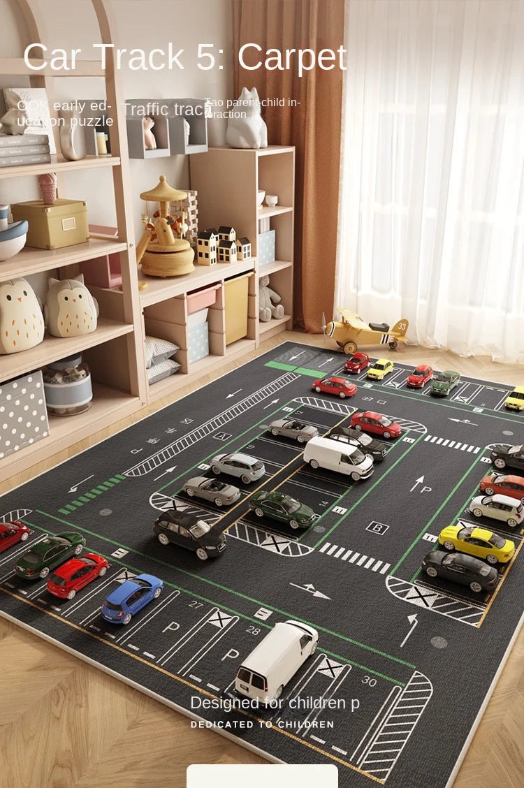 A large gray play mat depicting a car track designed for children in a nursery or playroom.