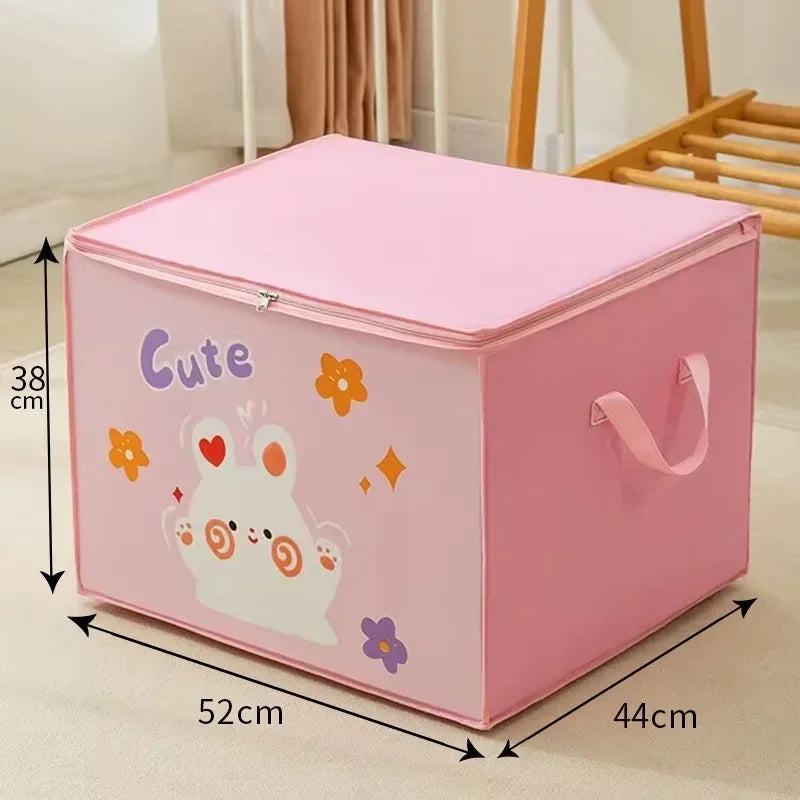 A pink foldable storage bag with a cute rabbit design, measuring 38 cm high and 52 cm long.