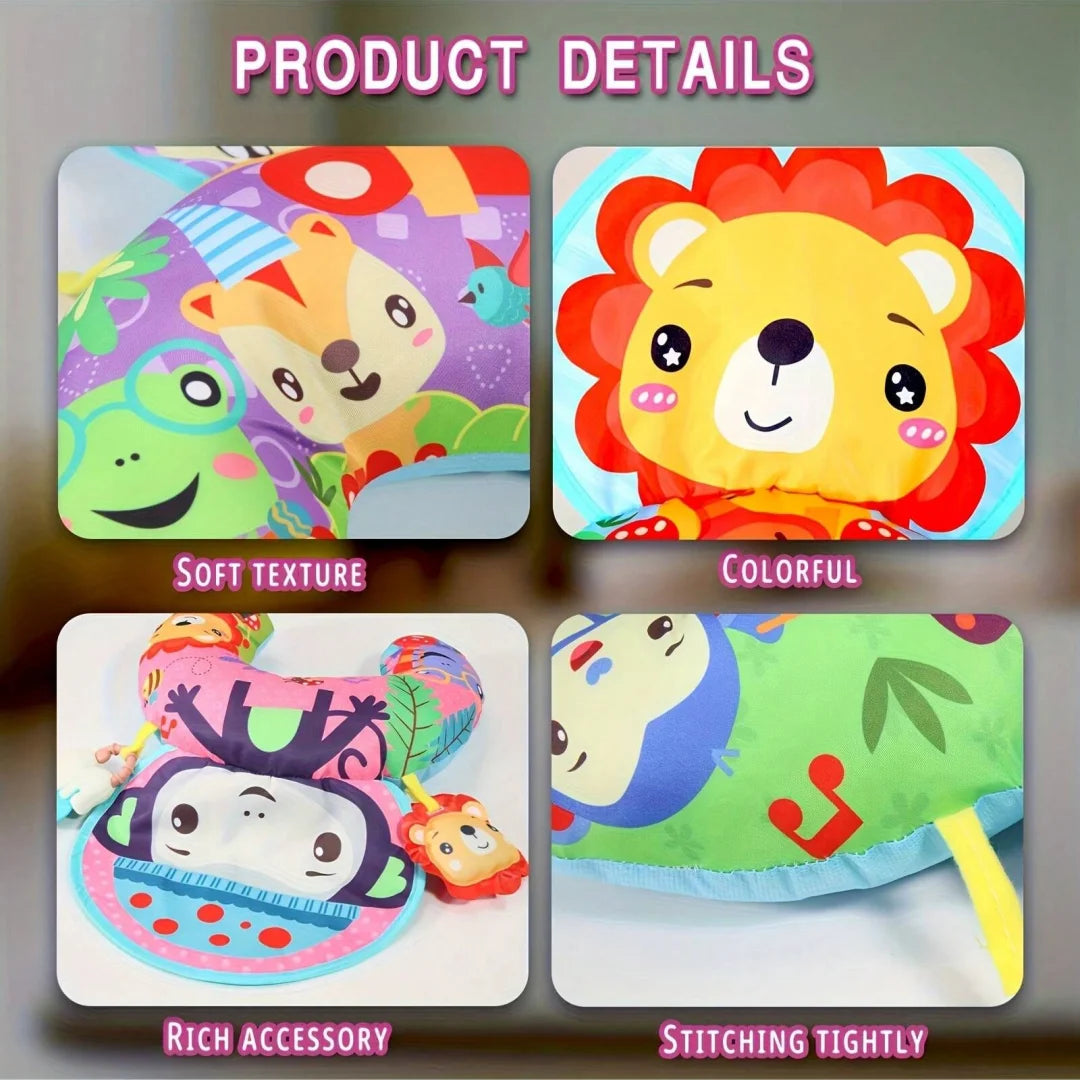A set of colorful baby tummy time pillows and play mats featuring lion, fox, and other animal designs with attached rattle to