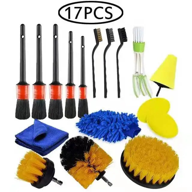 A collection of 17 drill brush cleaning tools including various sizes and extensions for home and auto detailing.
