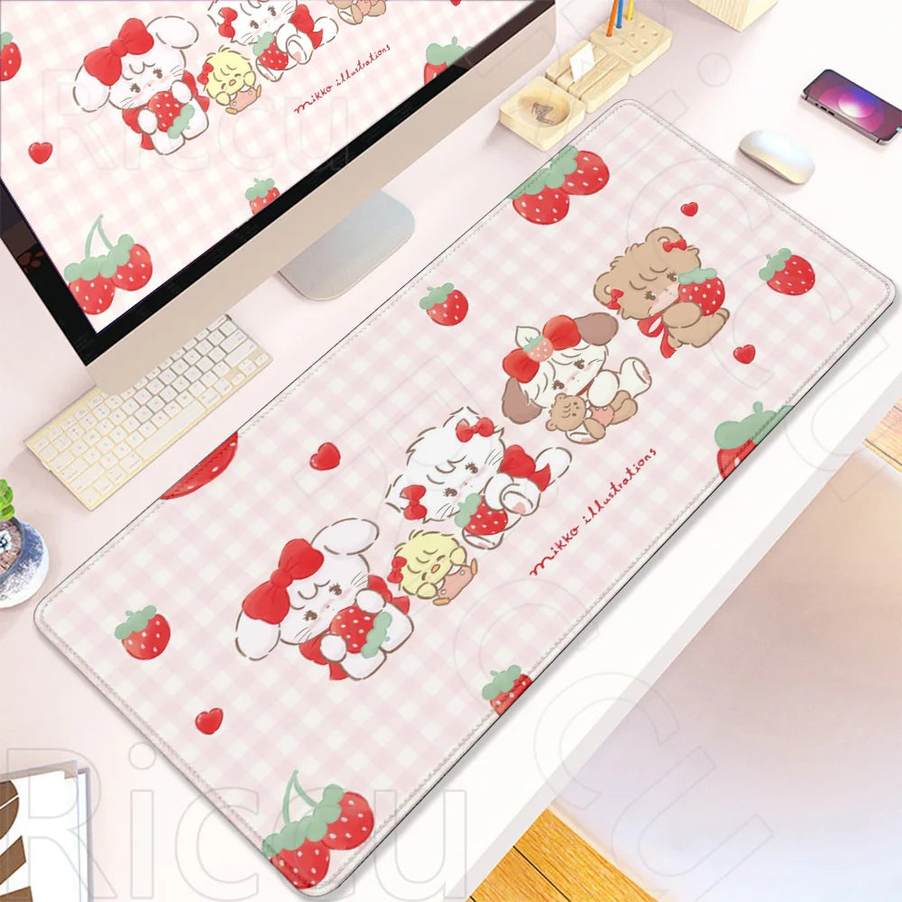 Pink kawaii cartoon gaming desk mat featuring cute bear and strawberry illustrations