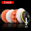 A set of six orange and white fuzzy polishing sponge pads with an M10 screw included for scratch removal.