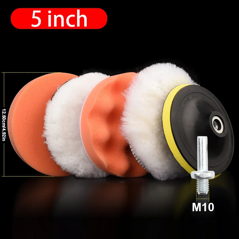 A set of six orange and white fuzzy polishing sponge pads with an M10 screw included for scratch removal.