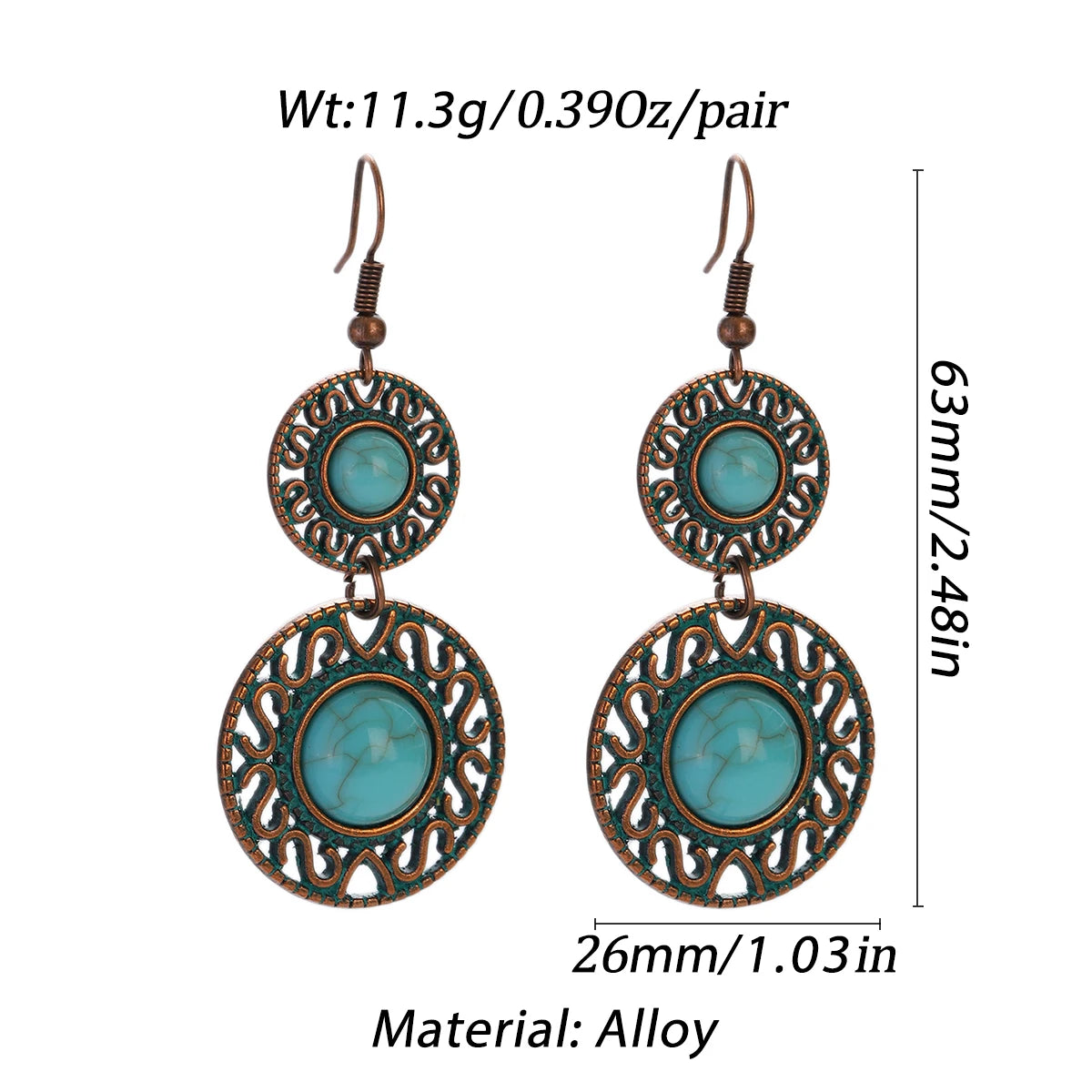 Boucles d'oreilles pendantes en alliage avec des pierres turquoise dans un design géométrique orné