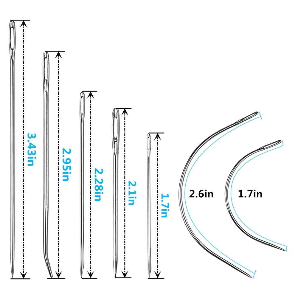 Diagram showing various sizes of heavy-duty leather sewing needles and curved needle shapes.