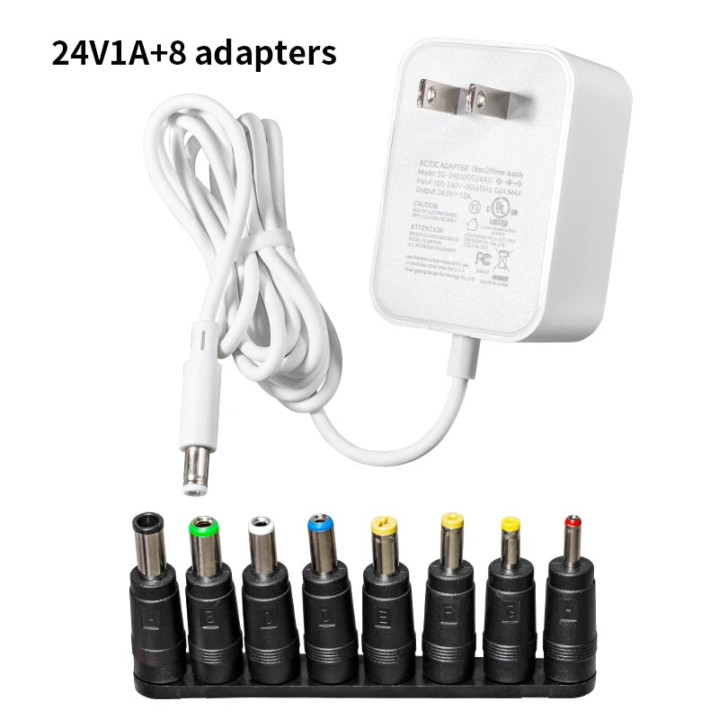 Universal 12V/24V AC-DC Power Adapter with 8 Interchangeable Tips