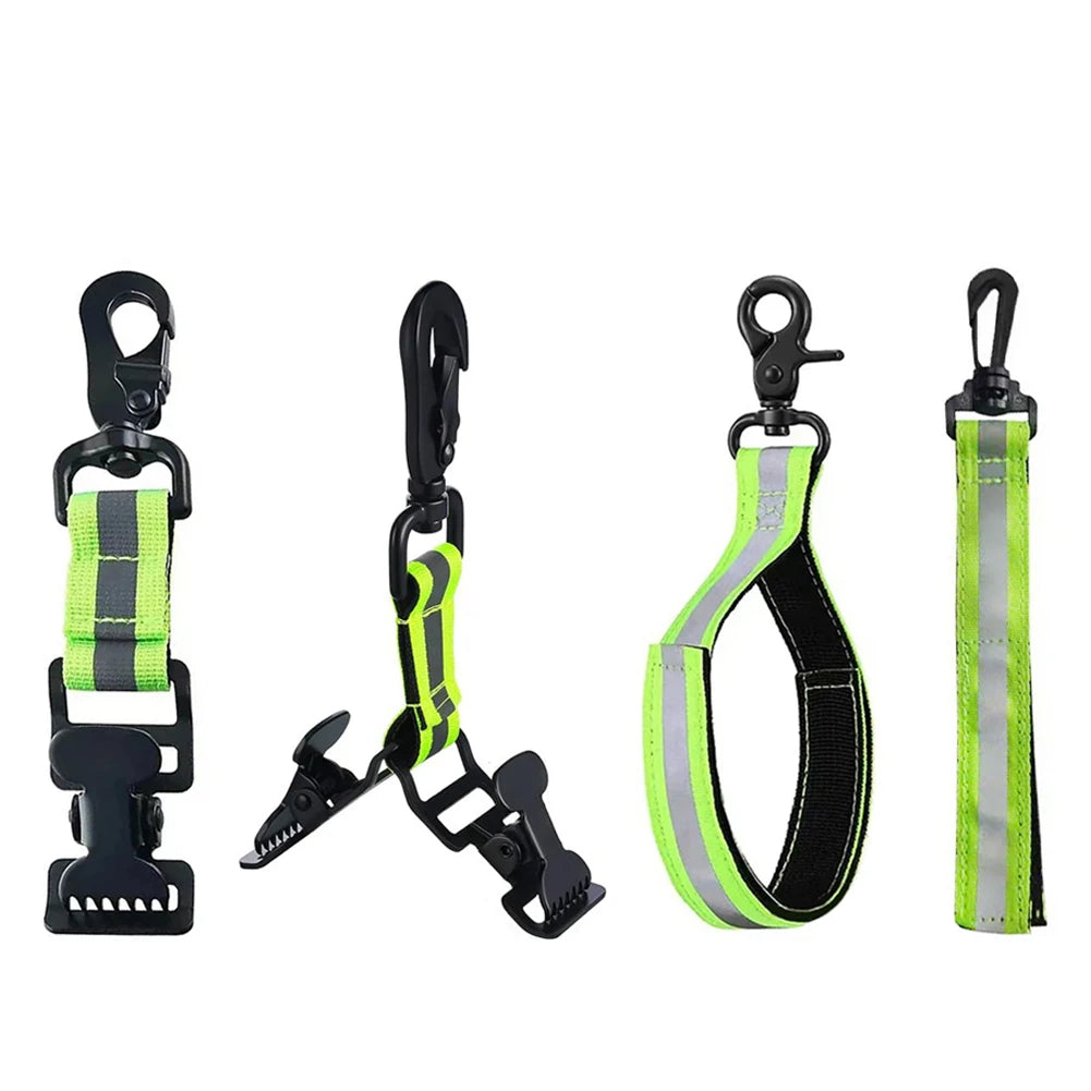 A set of black and neon yellow versatile glove and item clips for hanging.