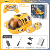 A yellow remote control spray boat with a clear dome and an attached nozzle, along with its parts list.