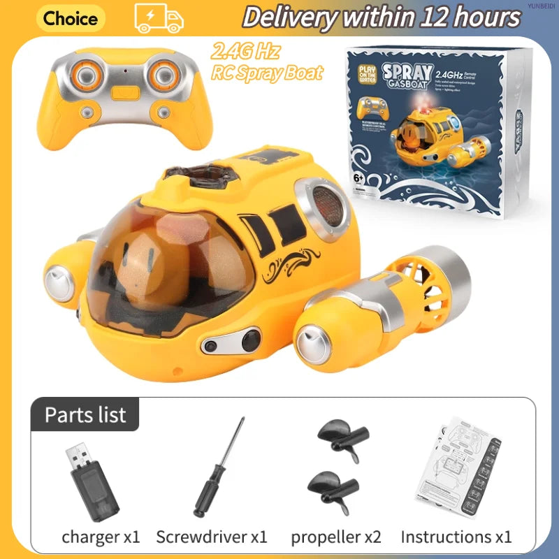 A yellow remote control spray boat with a clear dome and an attached nozzle, along with its parts list.