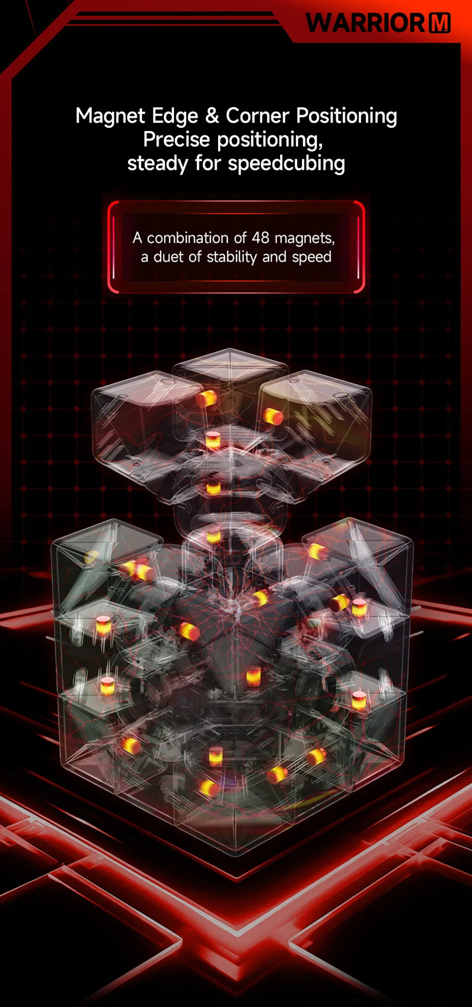 A magnetic cube puzzle with eight transparent sections showing internal magnets and a red glowing base.