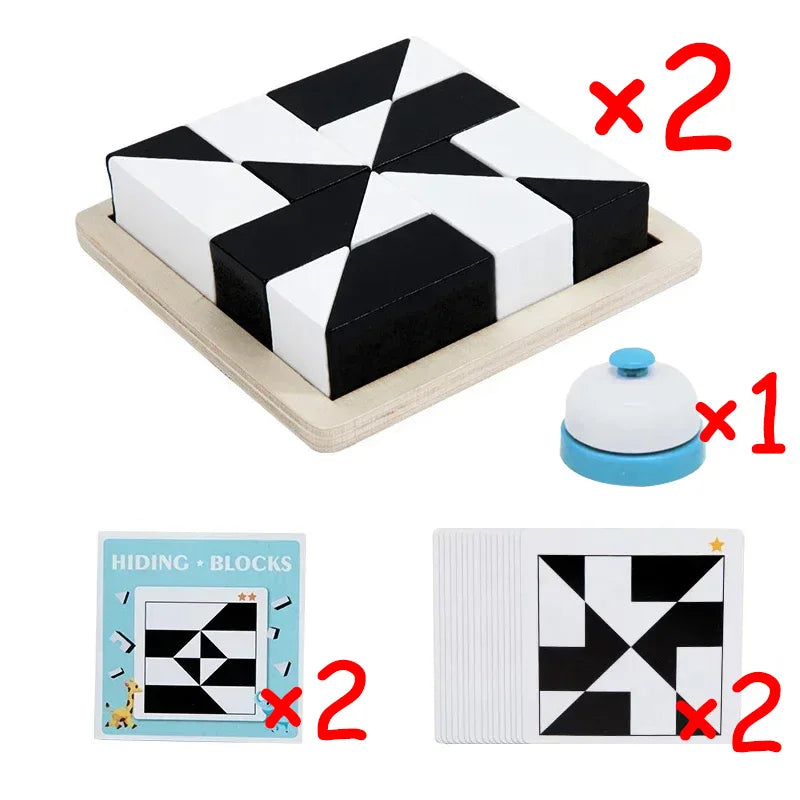 Wooden Geometric Shape Puzzle Blocks with Pattern Cards - Educational Logic Game for Kids