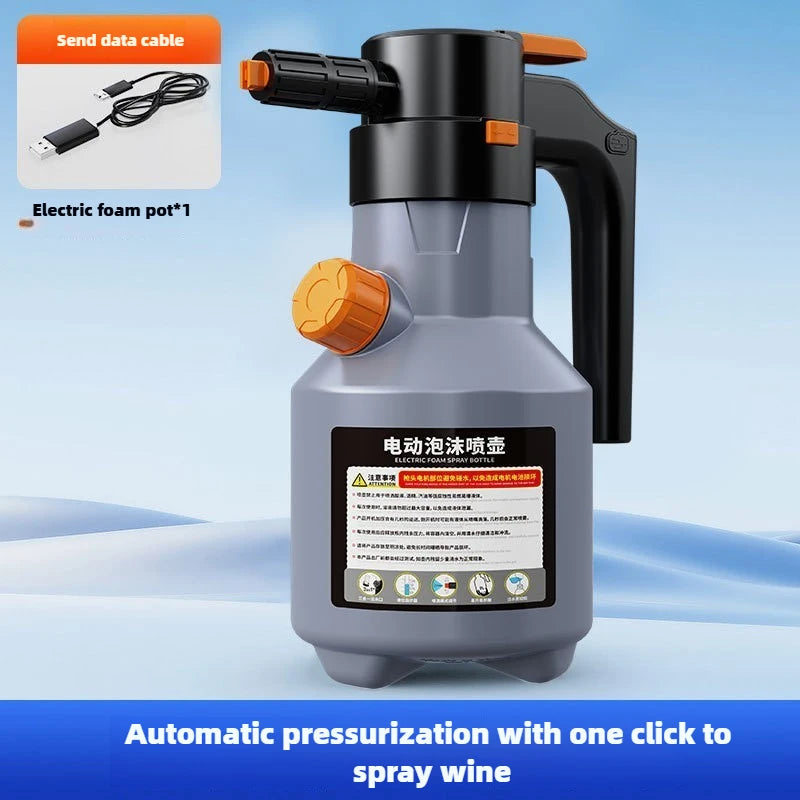 A gray electric foam spray bottle with an orange nozzle and a black data cable, designed for car washing and home cleaning.