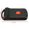 Black universal garage door remote control with an orange button and dip switch programming.