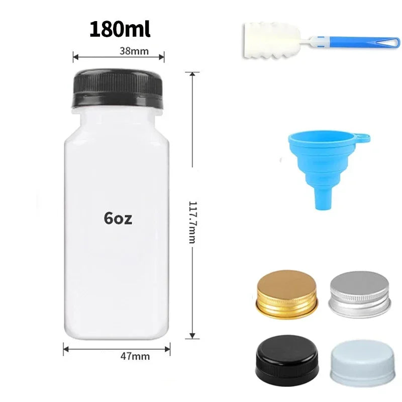 A set of reusable plastic juice bottles with tamper-evident caps, including a bottle, a scoop, and various caps.