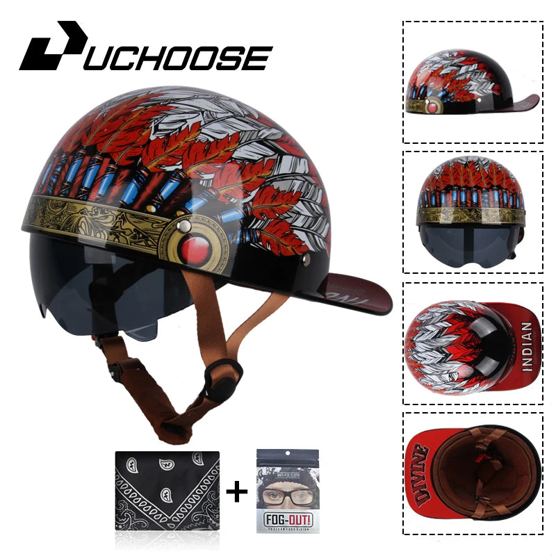 A black motorcycle helmet with a red and white leaf design, leather strap, and an accompanying wallet and sunglasses.