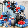 A balloon garland arch featuring blue, red, and black balloons displayed indoors.