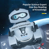 A white robot toy designed for one-key reading of knowledge, featuring glowing eyes and a scientific theme.