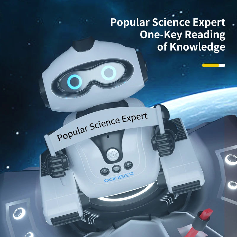 A white robot toy designed for one-key reading of knowledge, featuring glowing eyes and a scientific theme.