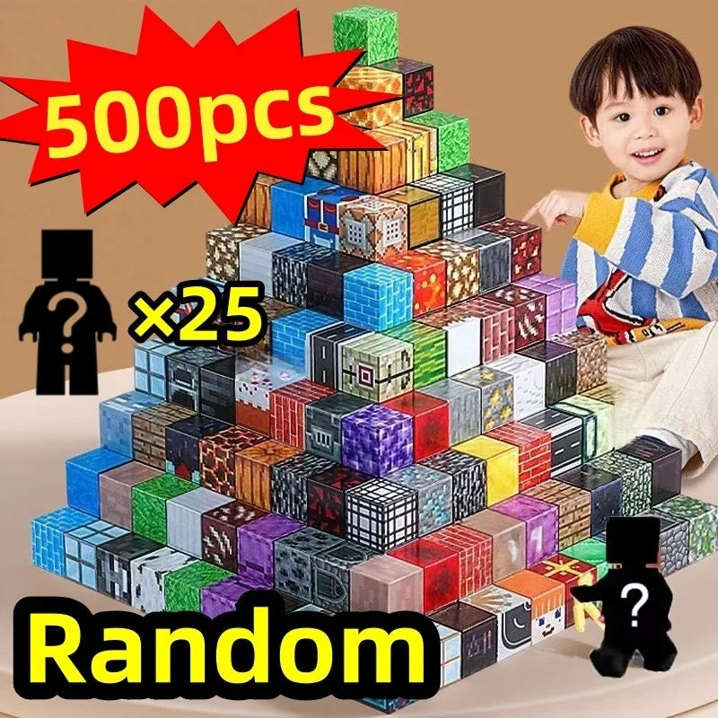 A child is holding a large pile of colorful magnetic building blocks and a box labeled 500pcs x25 random set.